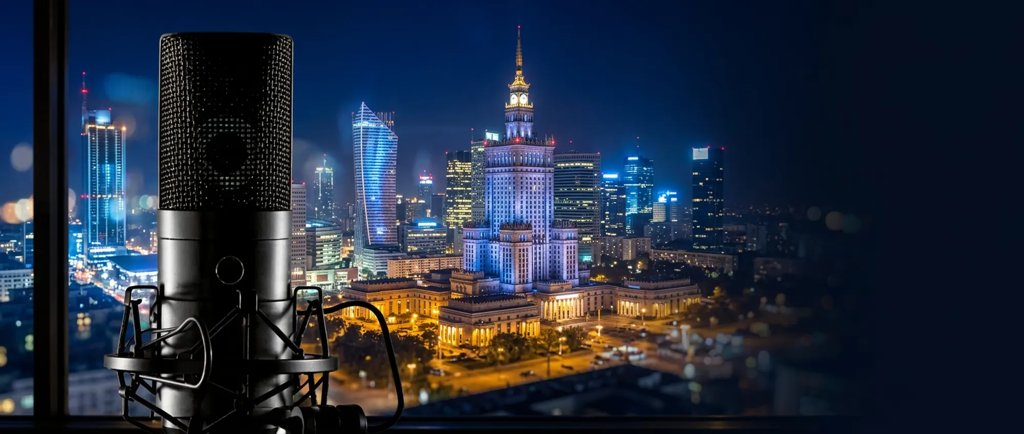 Bank głosów, nagranie lektora, podcasty Warszawa, Audiobooki – mikrofon studyjny na tle nocnej panoramy Warszawy